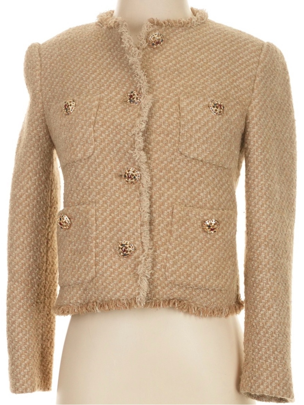 Mango Tan Bouclé Fringe Jacket with Gold-Tone Buttons